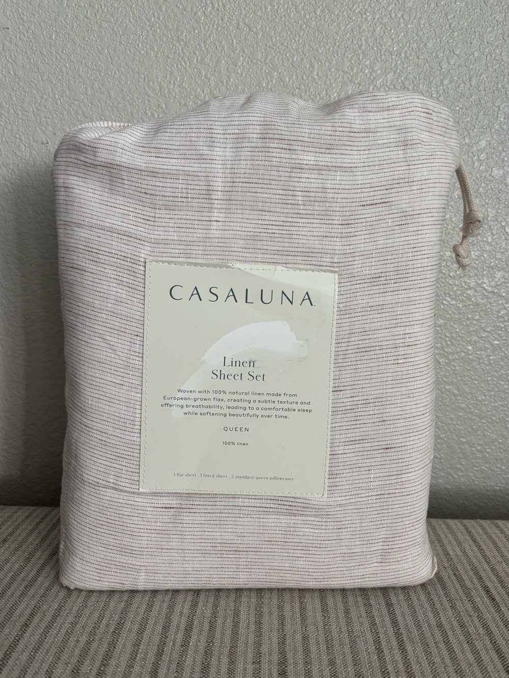 NWT Queen 100% Linen Sheet Set Adobe Clay Micro Stripe - Casaluna